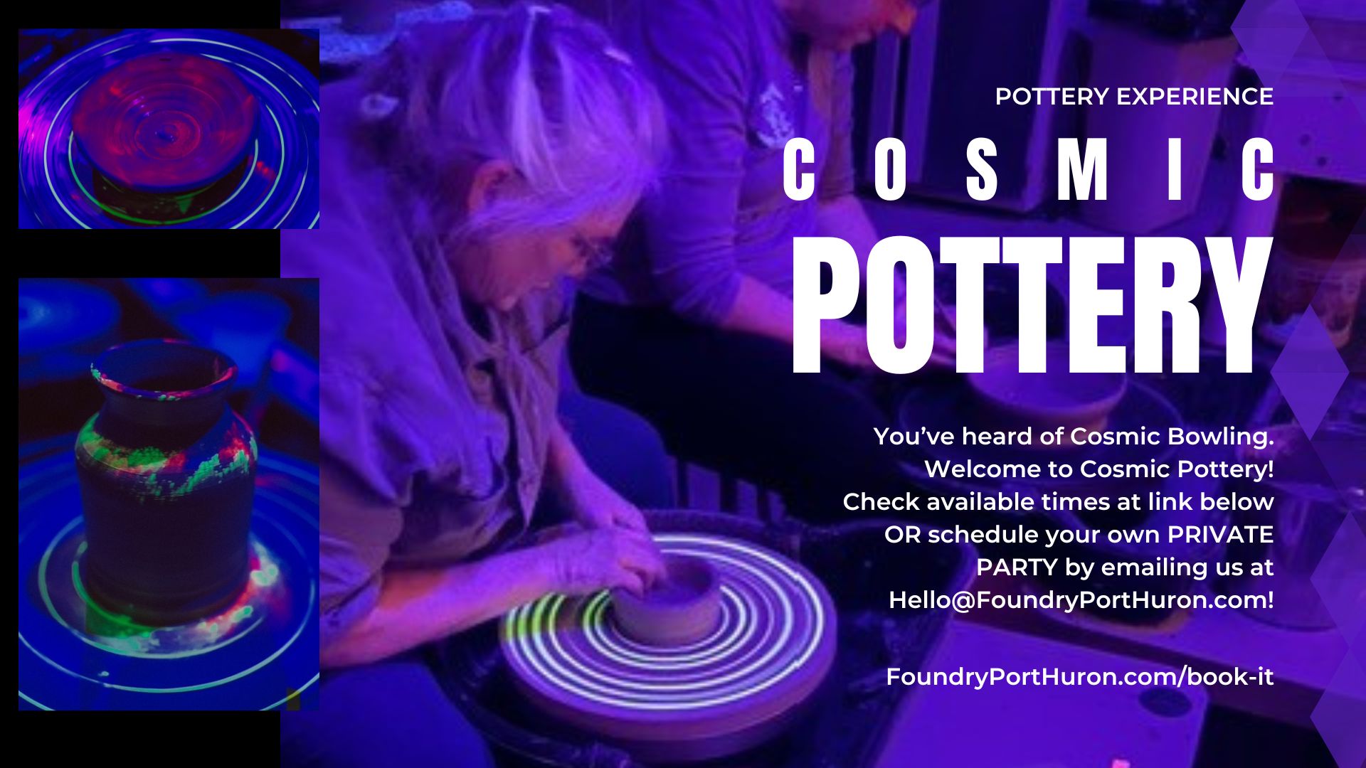 cosmic pottery, schedule your own party with us by emailing Hello@foundryporthuron.com