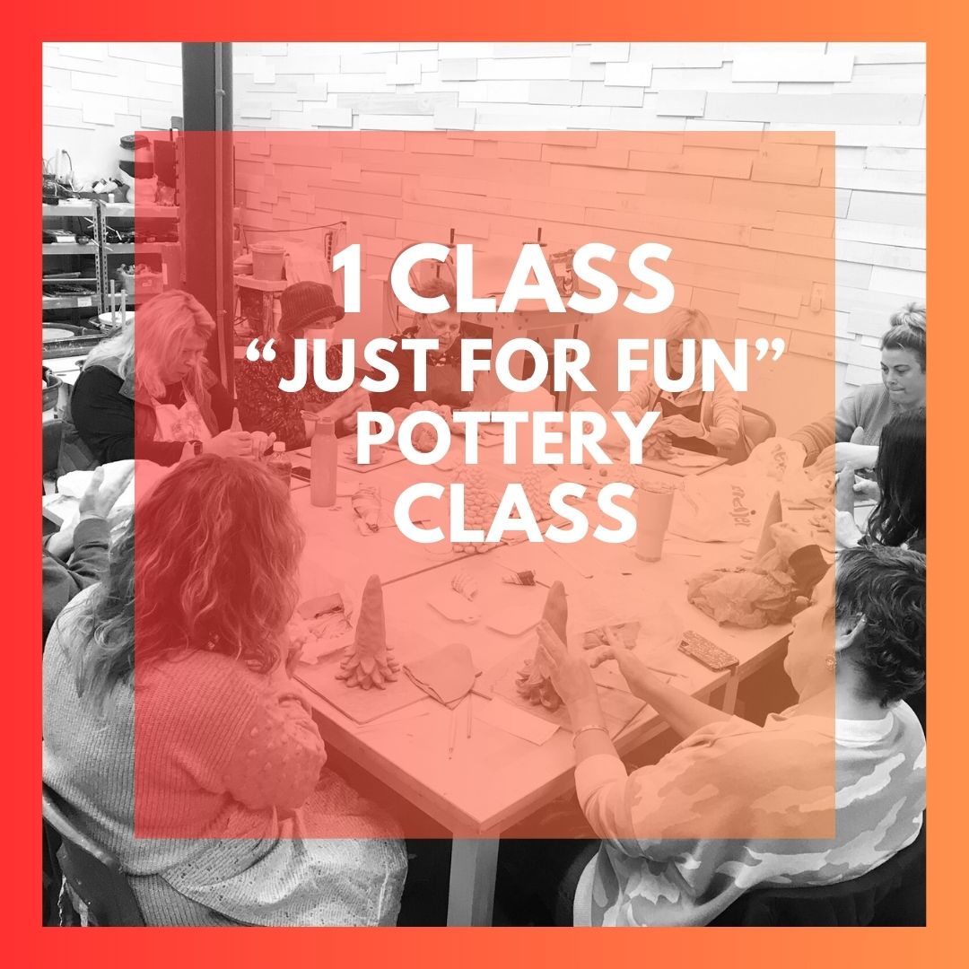 pottery students taking a ceramic tree class with orange and red overlay