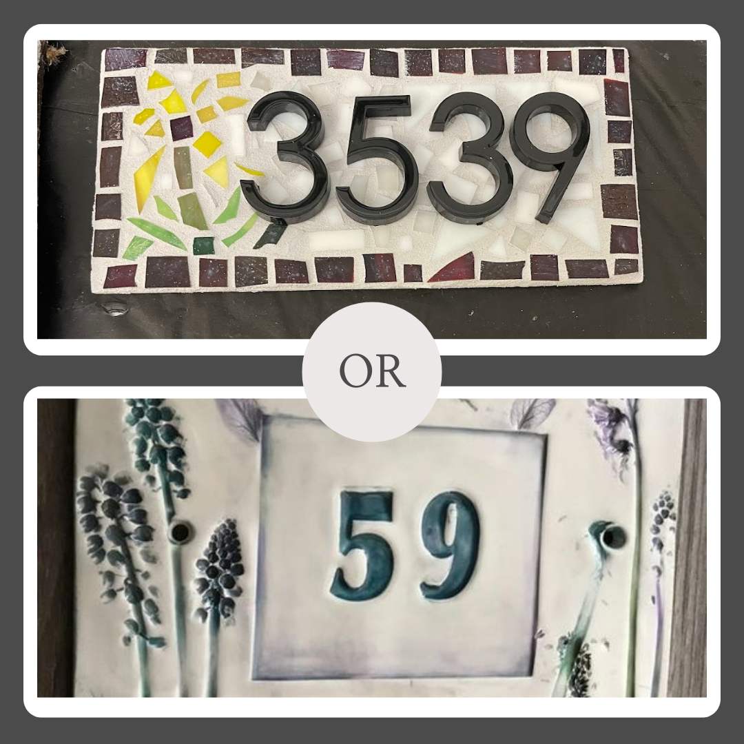 top photo mosaic address marker made at Foundry in Port Huron. Bottom photo a ceramic address marker