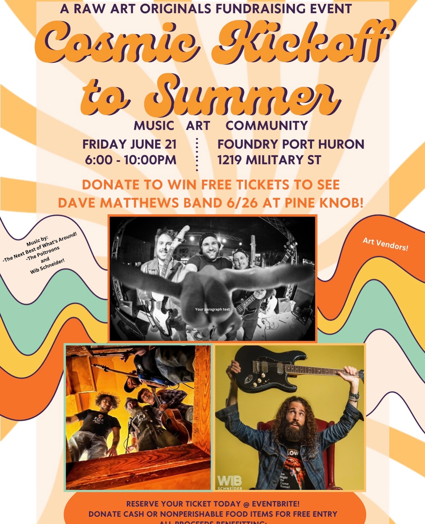 flyer for cosmic kickoff to summer, a concert and vendor market event held at foundry in June of 2024 to raise money for music scholarships