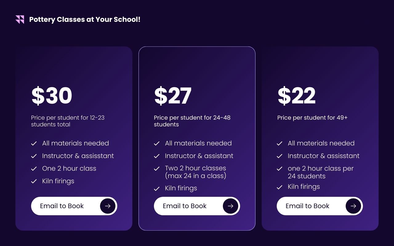 pricing matrix for pottery classes at schools. $30 per student for 12-23 students. $27 per student for 24-48 students. $22 per person for 49+ students