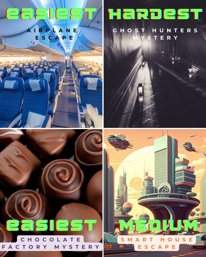 matrix of four images depicting the different themed escape rooms and their difficulty level inside of Foundry. Chocolate Factory Mystery is easiest, Smart Home Escape is medium, Airplane Escape is Medium and Ghost Hunter Mystery is hardest. 